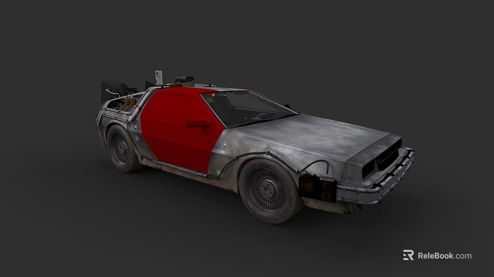 Futuristic Silver Car With Red Door Gull Wing Design And Roof Mounted Device 3d model 