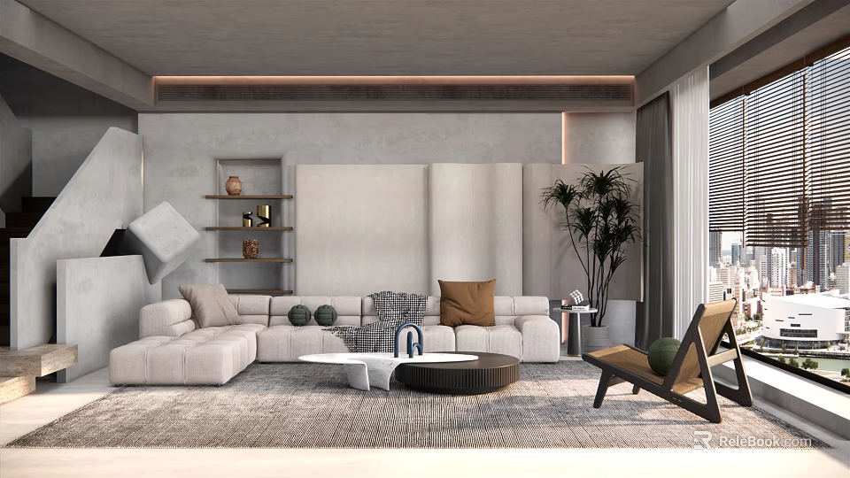 Modern Living Room Interior With Beige Sectional Sofa Coffee Table And Potted Plants 3d model 