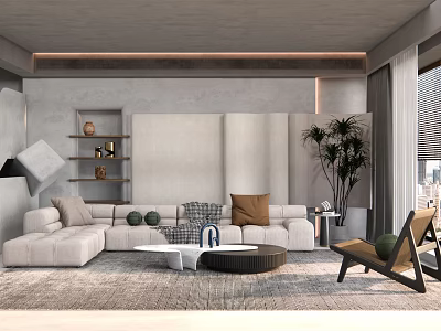 Modern Living Room Interior With Beige Sectional Sofa Coffee Table And Potted Plants 3d model