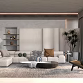 Modern Living Room Interior With Beige Sectional Sofa Coffee Table And Potted Plants