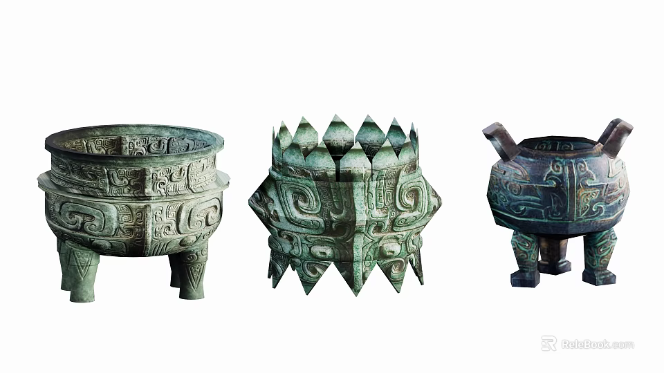 Ancient Chinese Bronze Ritual Vessels with Intricate Carvings and Distinctive Designs 3d model 