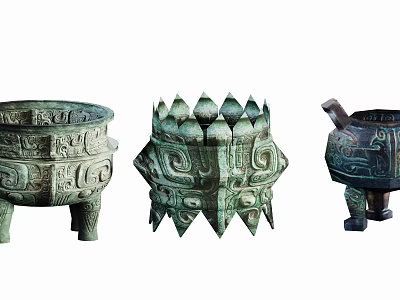 Ancient Chinese Bronze Ritual Vessels with Intricate Carvings and Distinctive Designs 3d model