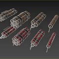 Brown and Red Dynamite Bundles with Black Straps and Fuses on Gray Background