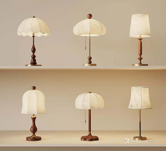 Various Stylish Table Lamps With Wooden Bases And Fabric Shades On Shelves 3d model 