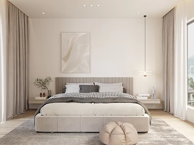 Modern Bedroom Interior With Wooden Headboard Gray White Bedding Abstract Painting And Round Pouf 3d model