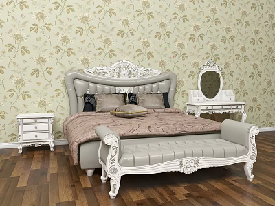Background Double Bed with Carved Headboard Floral Wallpaper Wooden Flooring White Nightstands and Round Mirror 3d model