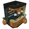 Rustic Wooden Bar Counter With Brick Wall Wine Racks Pendant Lights And Barrel Decor