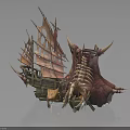 Fantasy Water Transport Ship with Skeleton Horns and Tattered Sails Design