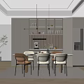 Modern Dining Room Interior With Dining Table Mixed Chairs Pendant Lights And Green Plant