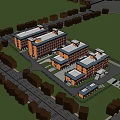 Large Orange Brick Campus Buildings Surrounded by Green Trees and Roads with Vehicles