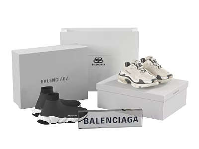 Balenciaga Stylish Shoes With White Black Design And Branded Boxes 3d model