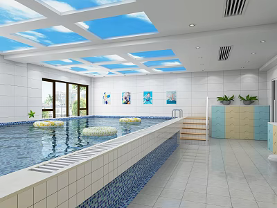 Modern Indoor Swimming Pool Interior With Skylights Tiled Walls And Decorative Paintings 3d model