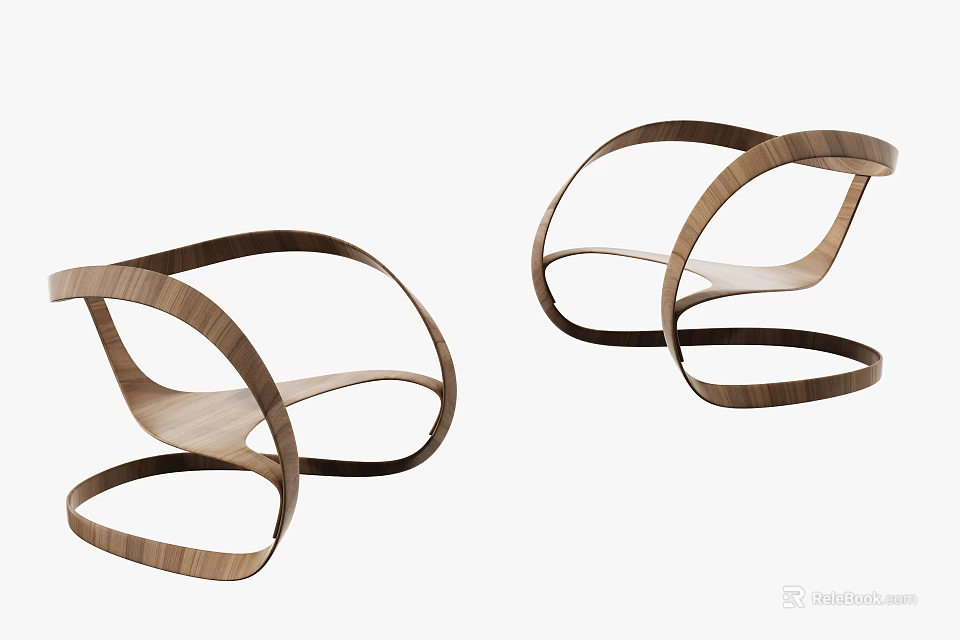 Two Modern Wooden Single Chairs Featuring Curved Lines And Minimalist Design 3d model 