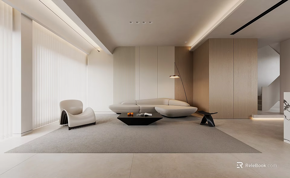 Minimalist Modern Living Dining Room Interior With Sofa Armchair Coffee Table And Floor Lamp 3d model