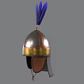 Metal Medieval Weapon Helmet Featuring Blue Feathers and Golden Decorative Band