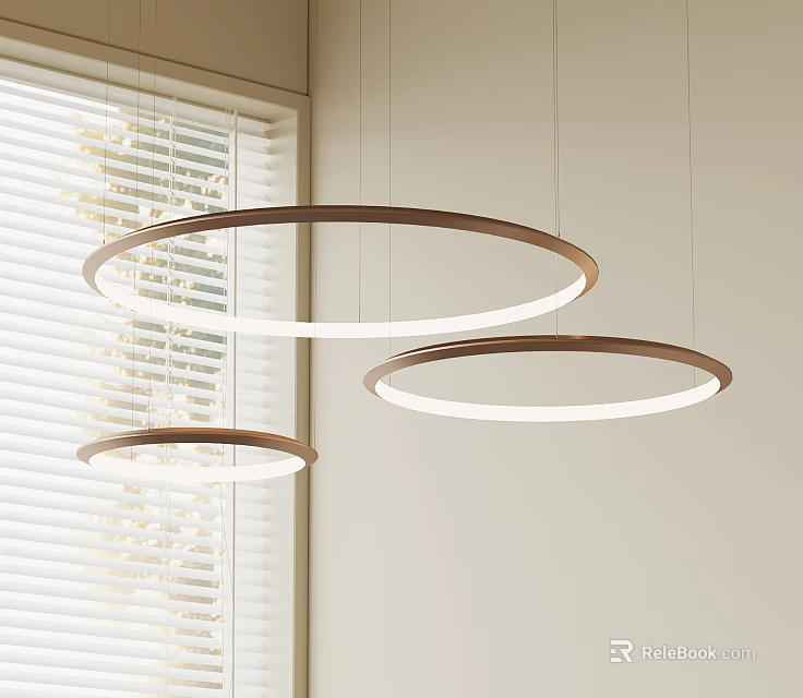 Three Modern Circular Pendant Lights With Soft Light Near Window Blinds 3d model
