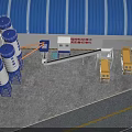 Industrial Factory Building with Blue Roof Cement Silos Mixing Equipment and Yellow Trucks