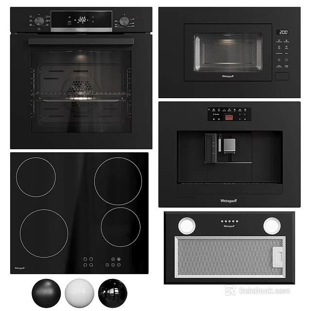 Modern Black Kitchen Appliances Including Oven Microwave Stove Top Coffee Maker And Hood 3d model 