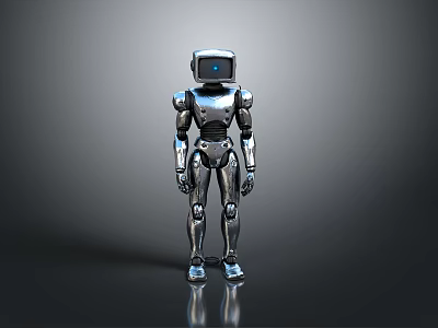 Metallic Humanoid Robot With Blue Light Eye Standing On Dark Reflective Surface 3d model
