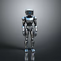 Metallic Humanoid Robot With Blue Light Eye Standing On Dark Reflective Surface