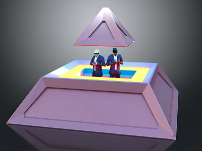 3D Cartoon Scene With Two Characters On Purple Platform Yellow Area And Floating Pyramid 3d model