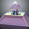3D Cartoon Scene With Two Characters On Purple Platform Yellow Area And Floating Pyramid