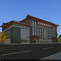 Modern Museum Building With Traditional Roof Gray Facade Large Windows And Street Trees