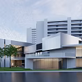 Modern Commercial Complex Architectural Exterior With Glass Curtain Wall Greenery And Water Features