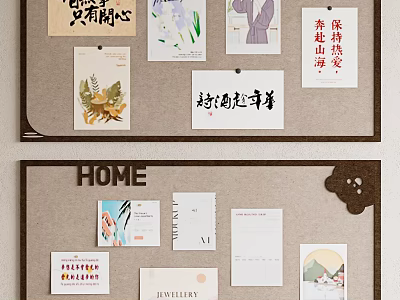 Cork Board Wall Decor With Cards Illustrations And Quotes 3d model