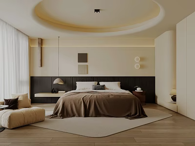 Modern Bedroom Interior Design With Round Ceiling Light Brown Bedspread Area Rug And Wooden Floor 3d model