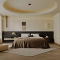 Modern Bedroom Interior Design With Round Ceiling Light Brown Bedspread Area Rug And Wooden Floor