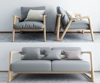 Modern Light Grey Sofa Set With Three Soft Pillows And Wooden Armrests For Living Room 3d model