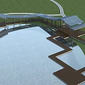 Modern Garden Landscape With Wooden Boardwalk Curved Pavilions And Water Reflections