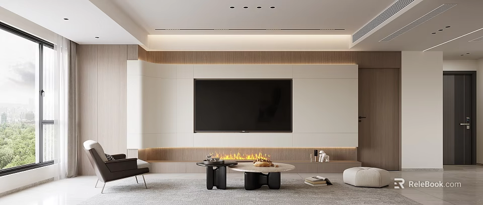 Modern Living Room Interior Design With TV Wall Fireplace Leather Sofa Coffee Table And Rug 3d model 