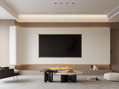 Modern Living Room Interior Design With TV Wall Fireplace Leather Sofa Coffee Table And Rug 3d model