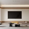Modern Living Room Interior Design With TV Wall Fireplace Leather Sofa Coffee Table And Rug