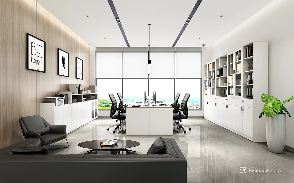 Modern Public Office Space Interior Design With Large Windows Sofa Desk And Bookshelves 3d model 
