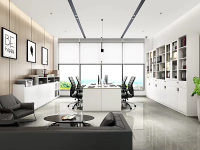 Modern Public Office Space Interior Design With Large Windows Sofa Desk And Bookshelves 3d model