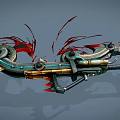 Intricate Mechanical Fantasy Weapon With Red Decorative Accents And Blood Effects