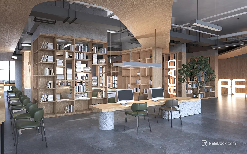 Book Art Inspired Modern Reading Space With Wooden Bookshelves Computers And Green Plants 3d model 