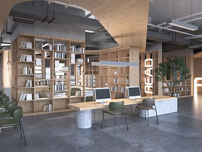 Book Art Inspired Modern Reading Space With Wooden Bookshelves Computers And Green Plants 3d model