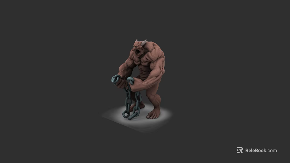 Muscular Horned Fantasy Creature Sculpture With Brown Texture And Chain Details 3d model 