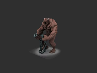 Muscular Horned Fantasy Creature Sculpture With Brown Texture And Chain Details 3d model