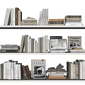 Variety of Books and Magazines on Multiple Shelves with Stacked Standing and Open Book