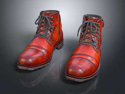 Red Leather Lace Up Ankle Boots With Shiny Surface And Dark Rubber Soles 3d model