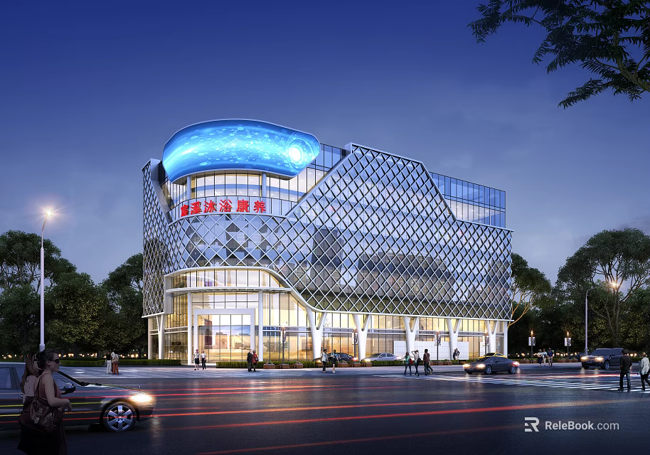 Modern Illuminated Office Building With Glass Curtain Wall Blue Curved Top And Night Scene 3d model 