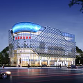 Modern Illuminated Office Building With Glass Curtain Wall Blue Curved Top And Night Scene