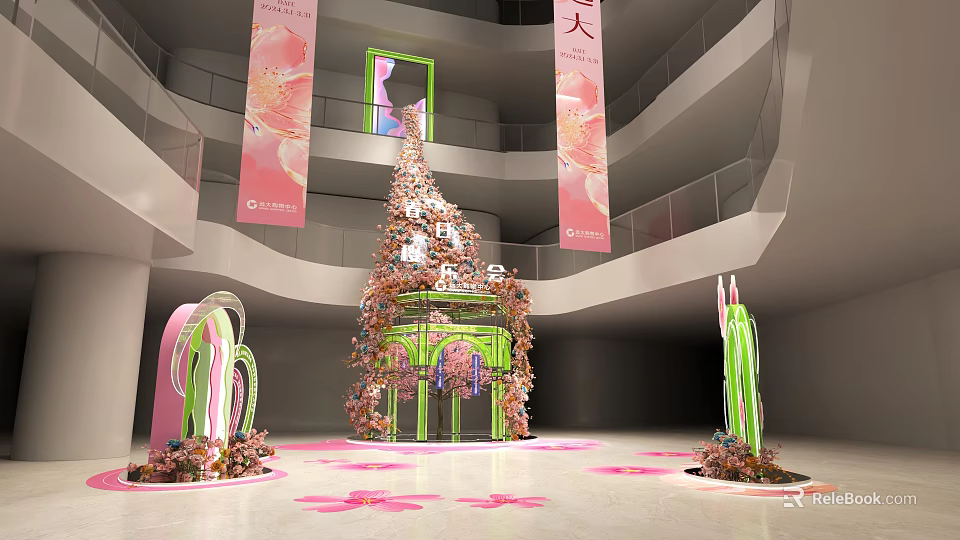 Decorative Floral Installation With Green Frame And Pink Elements In Multi Level Exhibition Space 3d model 