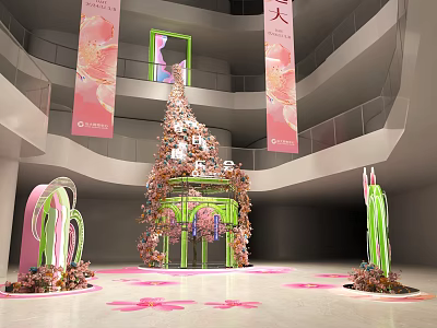 Decorative Floral Installation With Green Frame And Pink Elements In Multi Level Exhibition Space 3d model