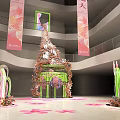 Decorative Floral Installation With Green Frame And Pink Elements In Multi Level Exhibition Space